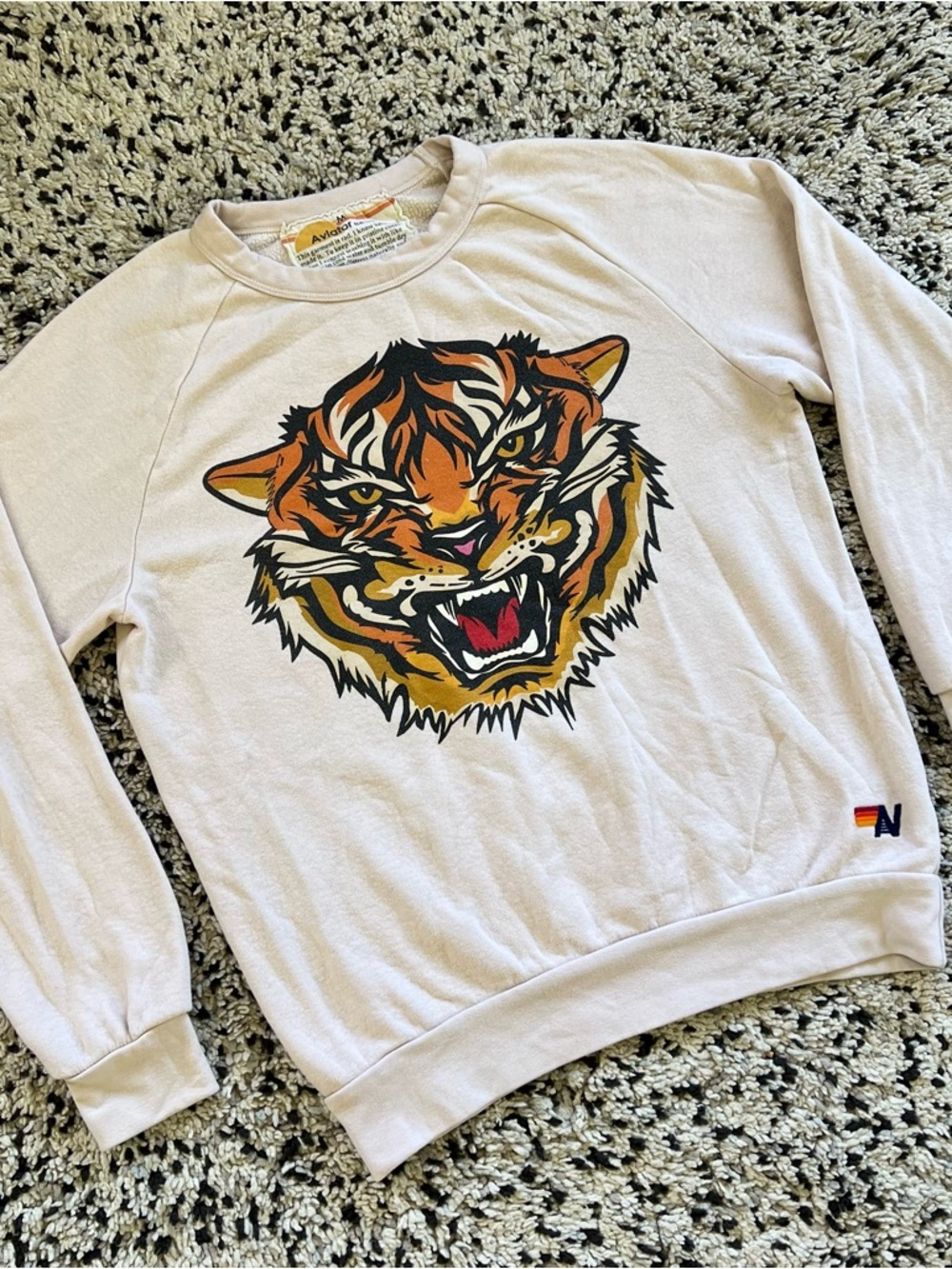Aviator Nation Tiger Sweatshirt Light Beige Cream Lightweight Crewneck Medium - Picture 3 of 14